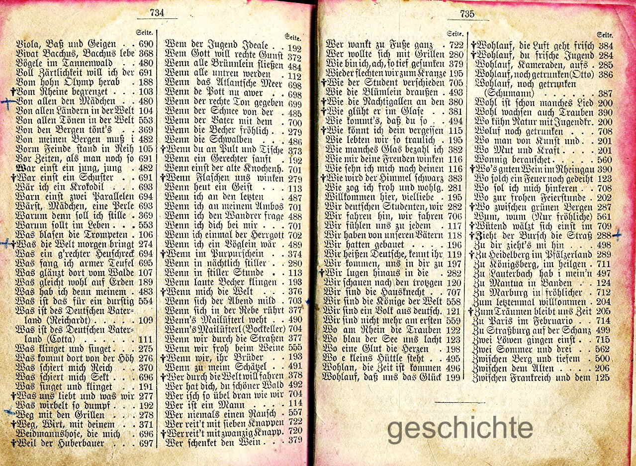 Vats Text Vaterlands- und Heimatlieder, Text und Noten, studentische Widmung, um ...